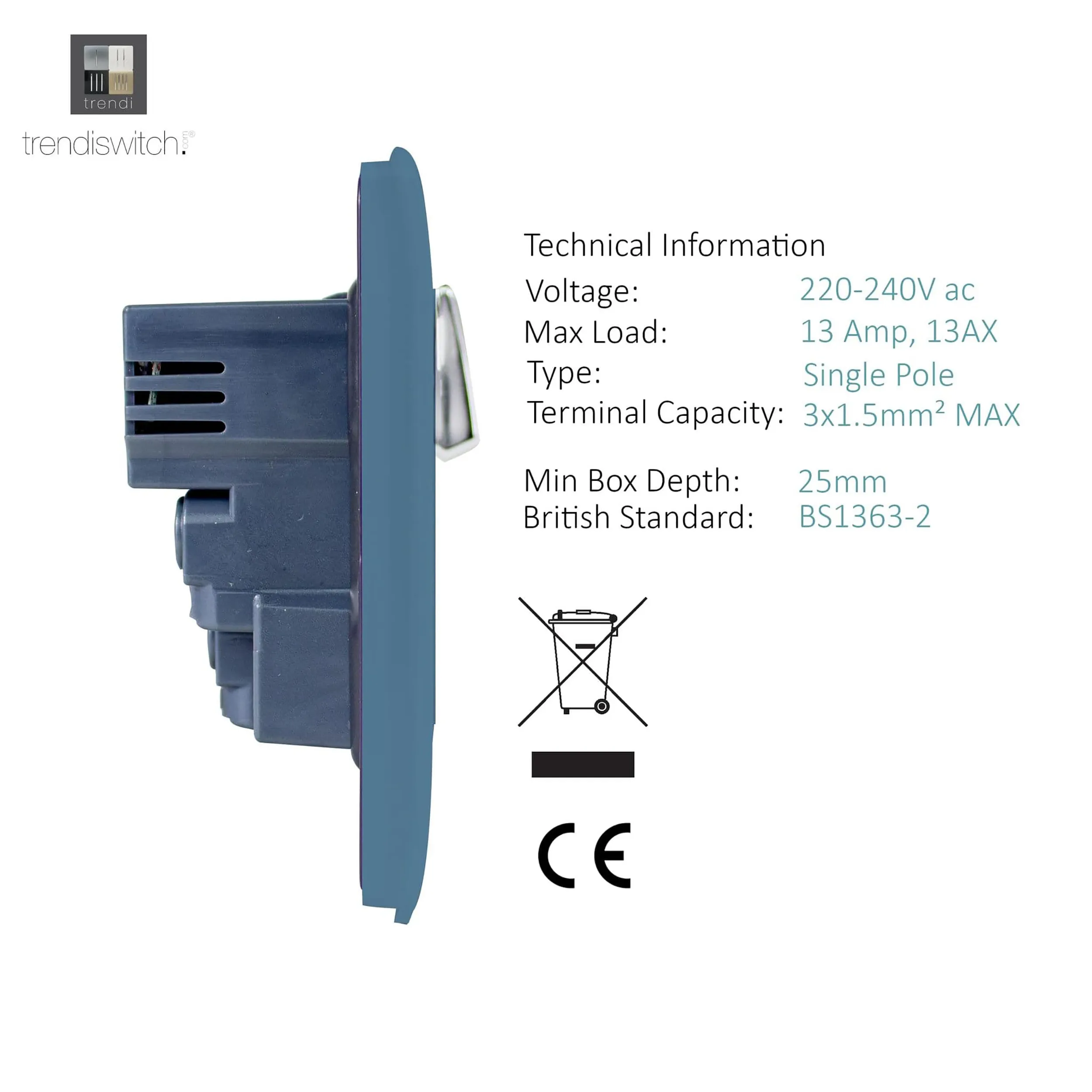 1 Gang 13Amp Switched Single Socket With 2 x USB Sky ART-SKT13USBSK  Trendi Sky